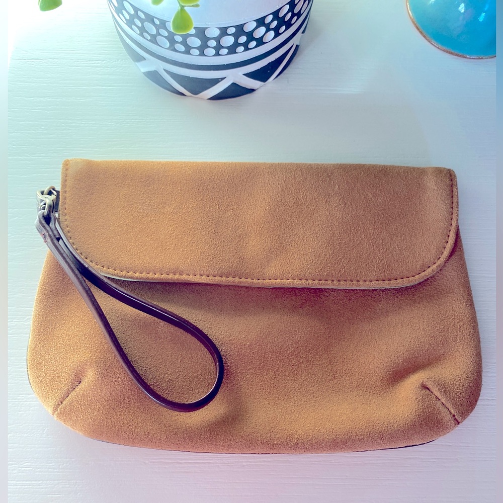 Brushed Light Brown Suede Clutch 9"x 6 Bath And Body Works Multi Lining Wristlet